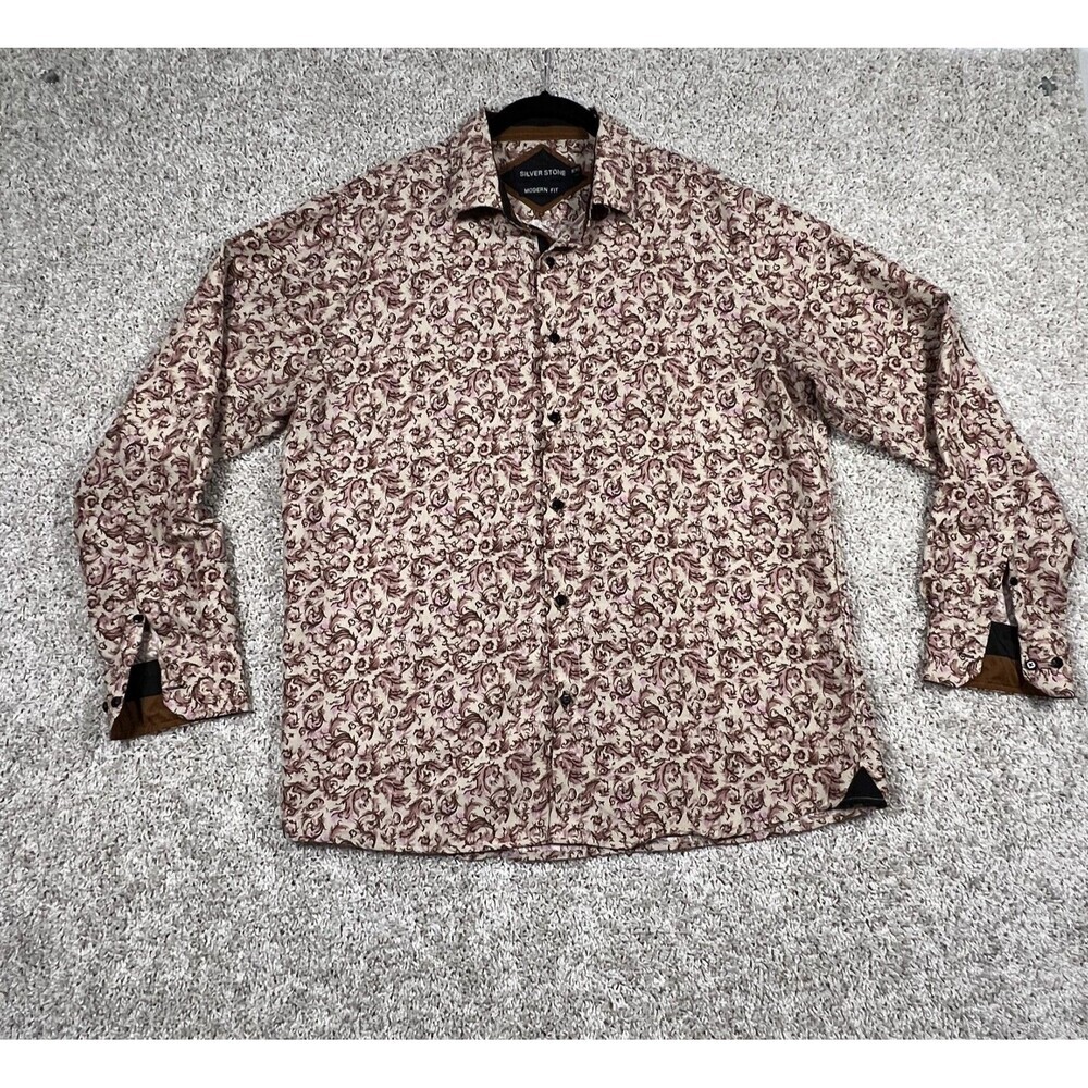 Silver Stone Modern Fit Men’s XXL Pink Brown Floral Button Up Dress Shirt
